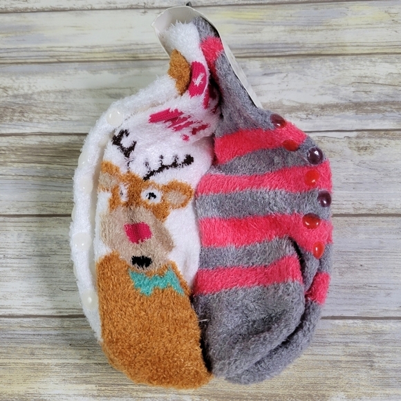 NEW Velour Non-Slip Slipper Socks Women's Shoe Size 4-10 Deer Print & Striped - Picture 3 of 6